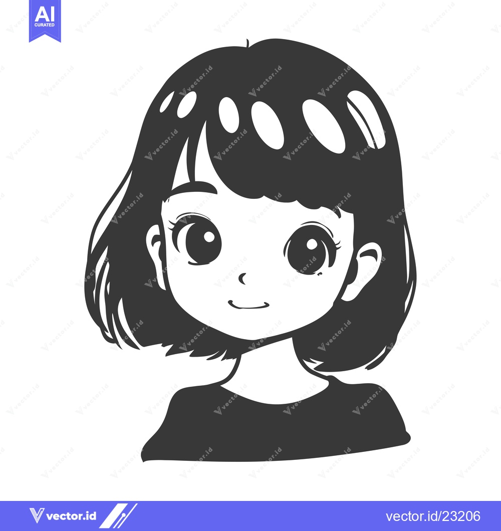 Premium Vector of Black and White Cartoon Illustration of a Smiling Girl with Short Hair