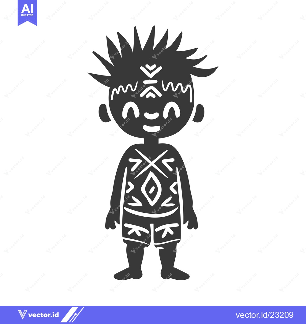 Premium Vector of Black and White Cartoon Illustration of a Tribal Child with Geometric