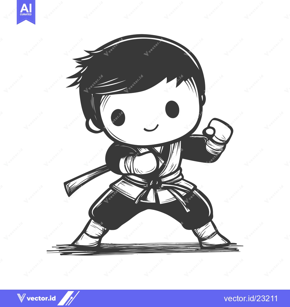 Premium Vector of Black and white cartoon illustration of a young boy in a karate gi