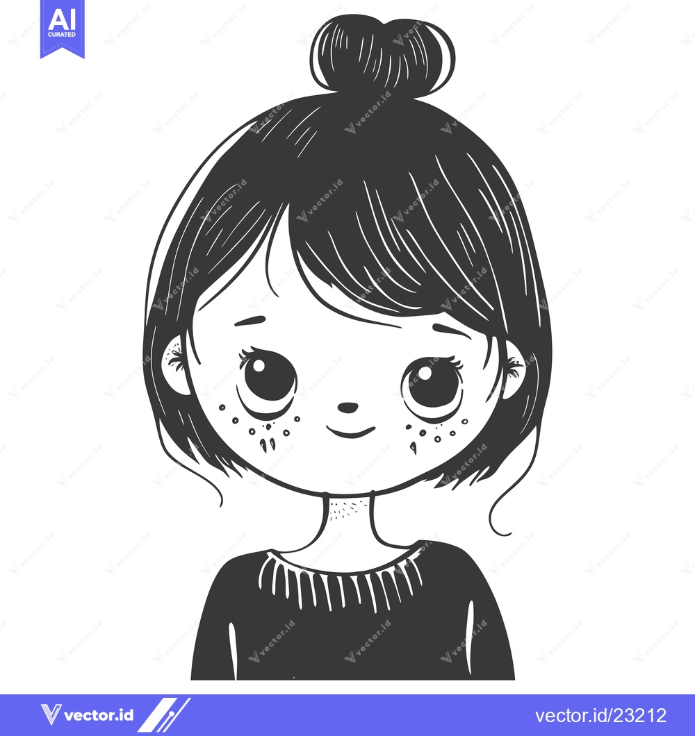 Premium Vector of Black and White Cartoon Illustration of a Young Girl with a Bun