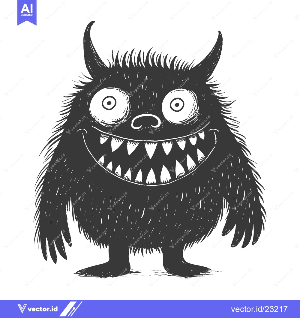 Premium Vector dari Black and White Cartoon Monster with a Wide Grin