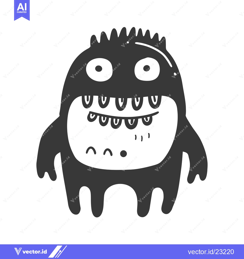 Premium Vector dari Black and White Cartoon Monster with Big Teeth