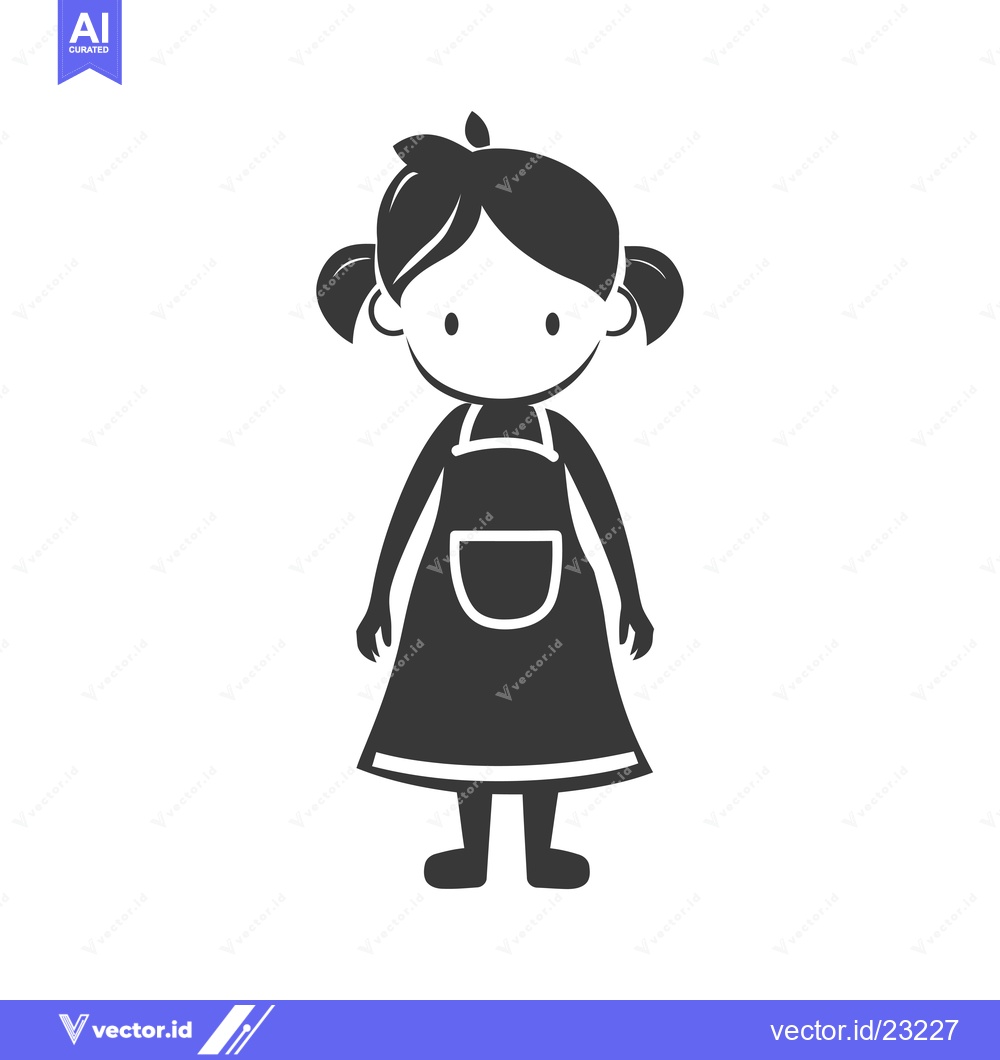 Premium Vector of Black and white cartoon silhouette of a girl with pigtails and an apro
