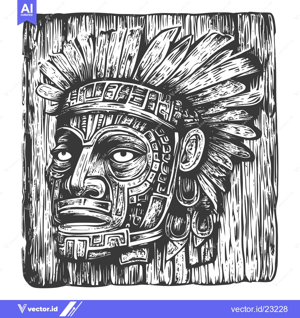 Premium Vector dari Black and White Carved Wooden Native American Head