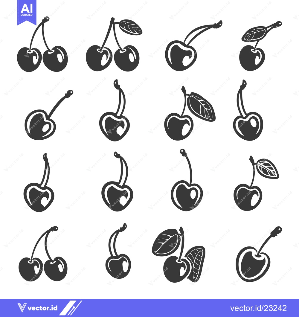 Premium Vector dari Black and White Cherry Icons with Leaves and Stems