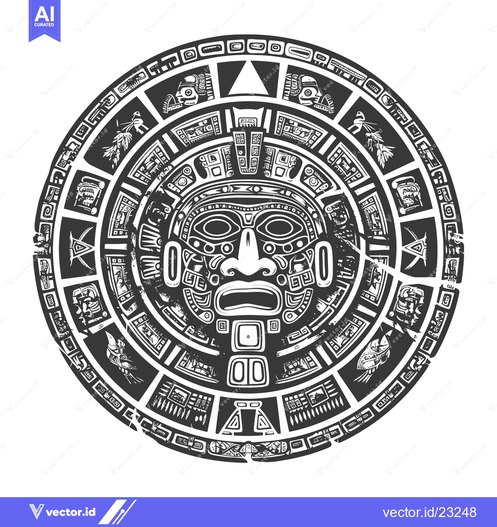 Premium Vector dari Black and White Circular Aztec Calendar With Deity Mask