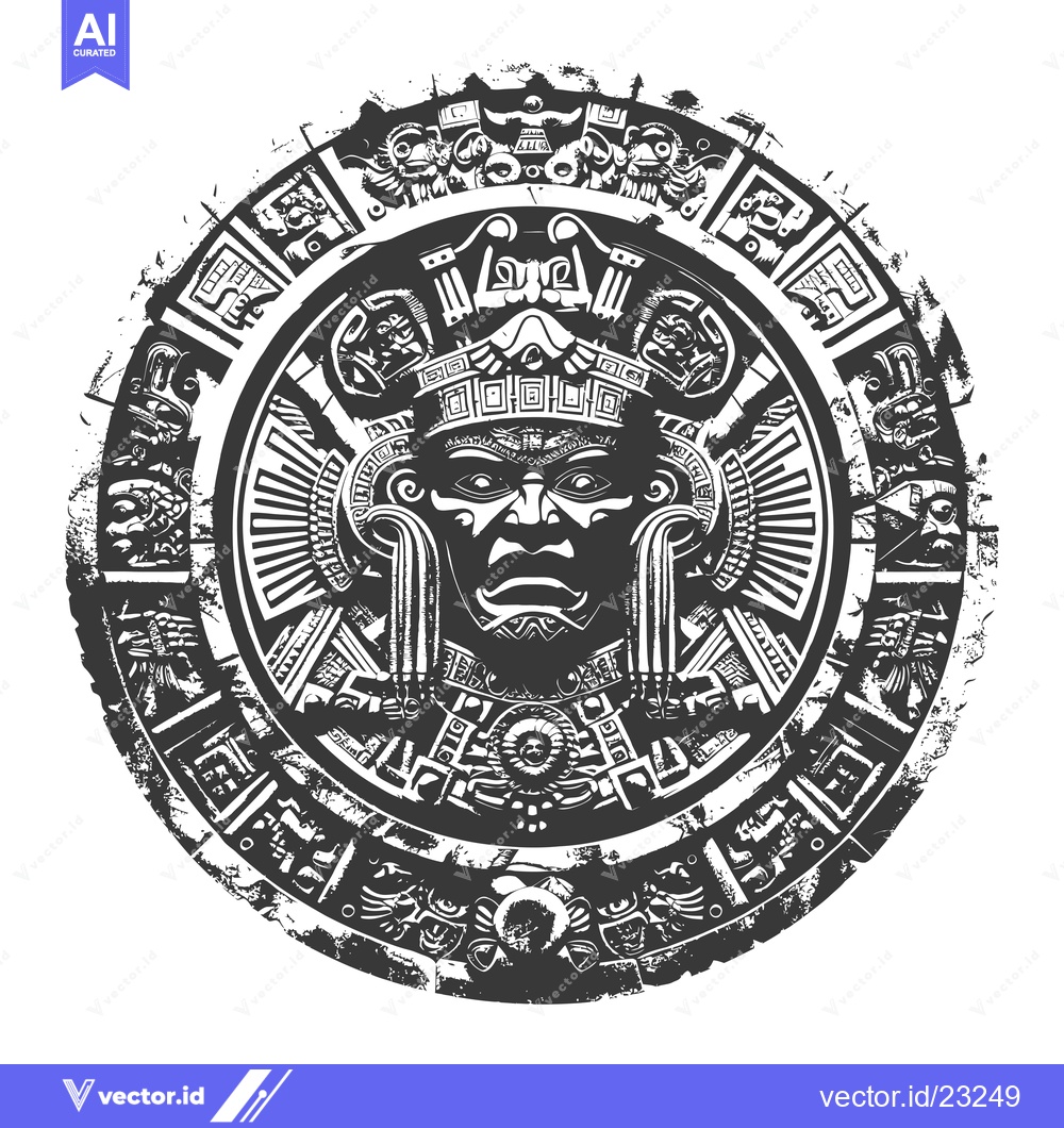 Premium Vector dari Black and White Circular Aztec Design with a Central Deity Face