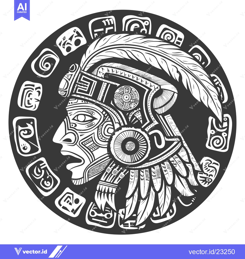 Premium Vector dari Black and White Circular Aztec Warrior Illustration