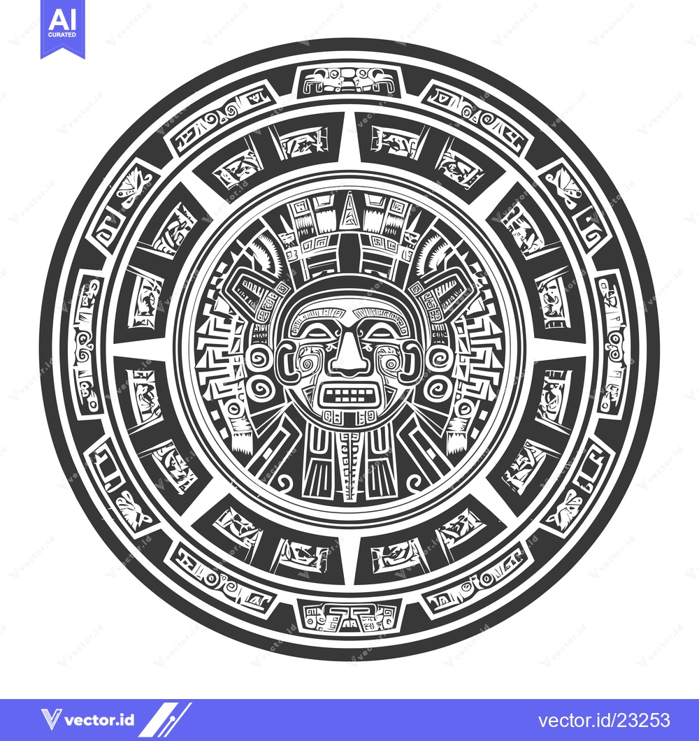 Premium Vector dari Black and White Circular Design with Central Mayan Mask