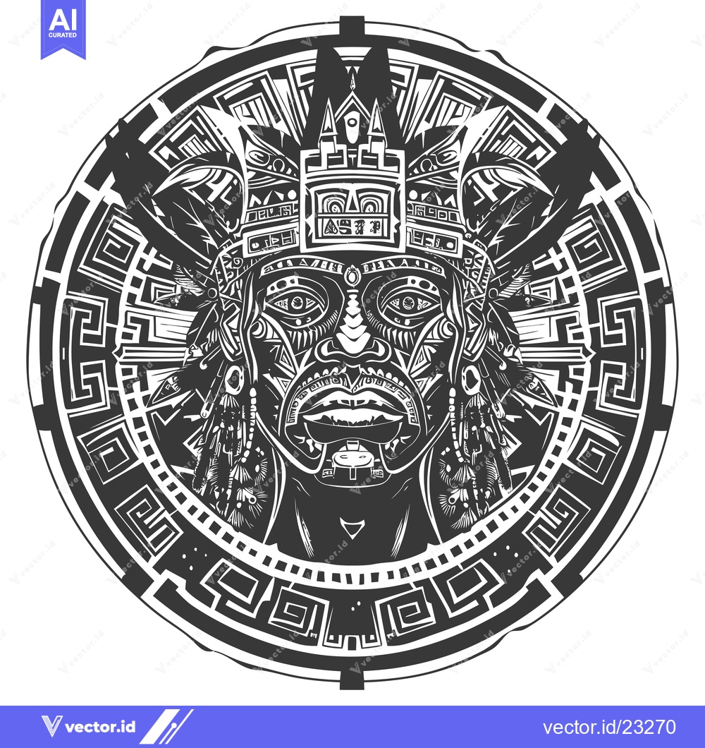 Premium Vector of Black and White Circular Illustration of an Aztec-Style Face with Geom