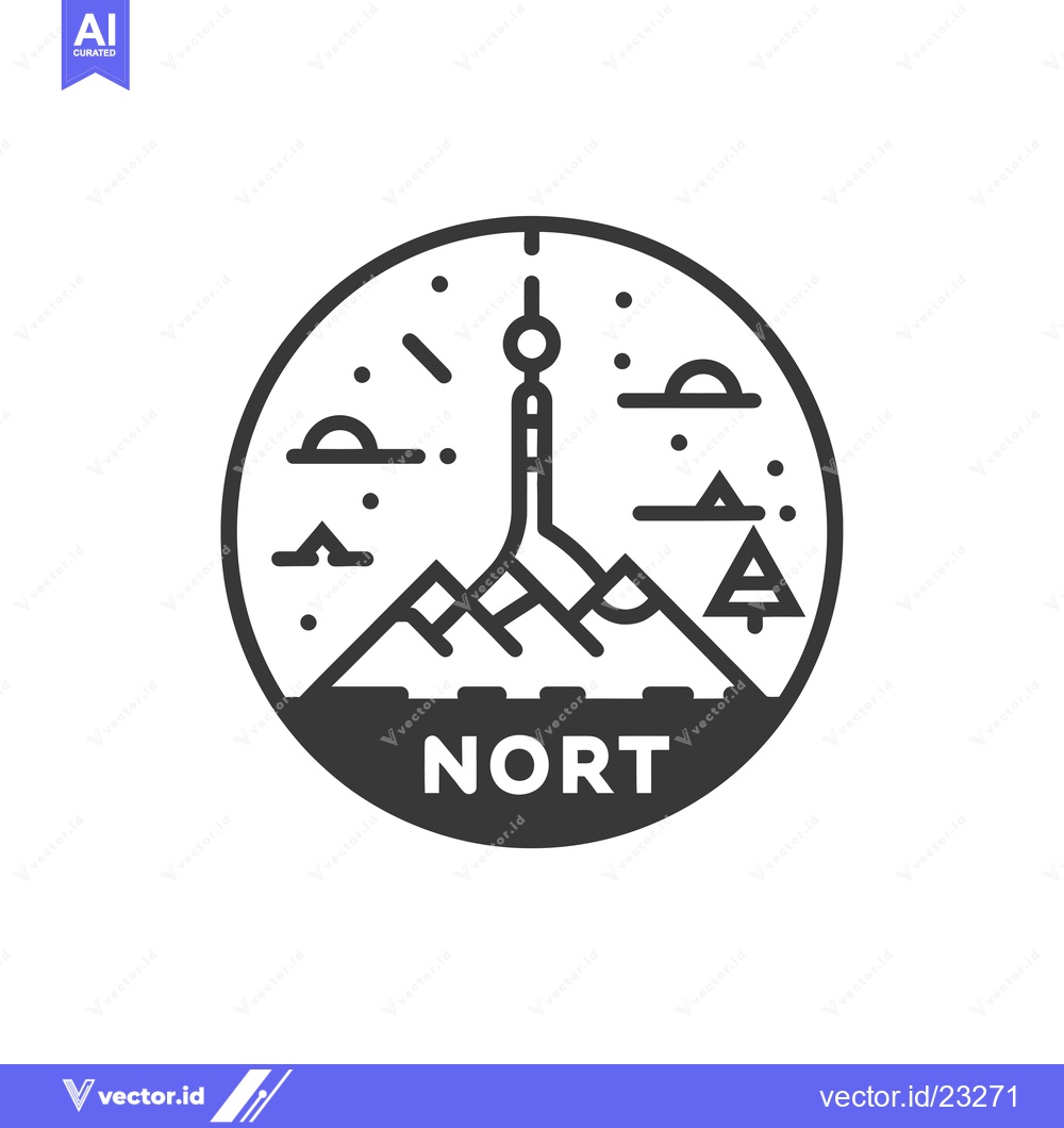 Premium Vector of Black and White Circular Logo with Tower, Mountains, and Text "NORT"