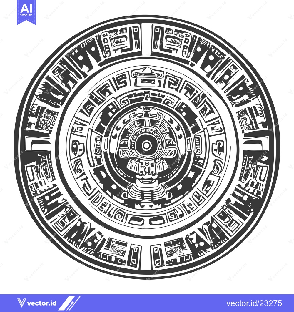 Premium Vector of Black and White Circular Mayan Calendar with Central Face