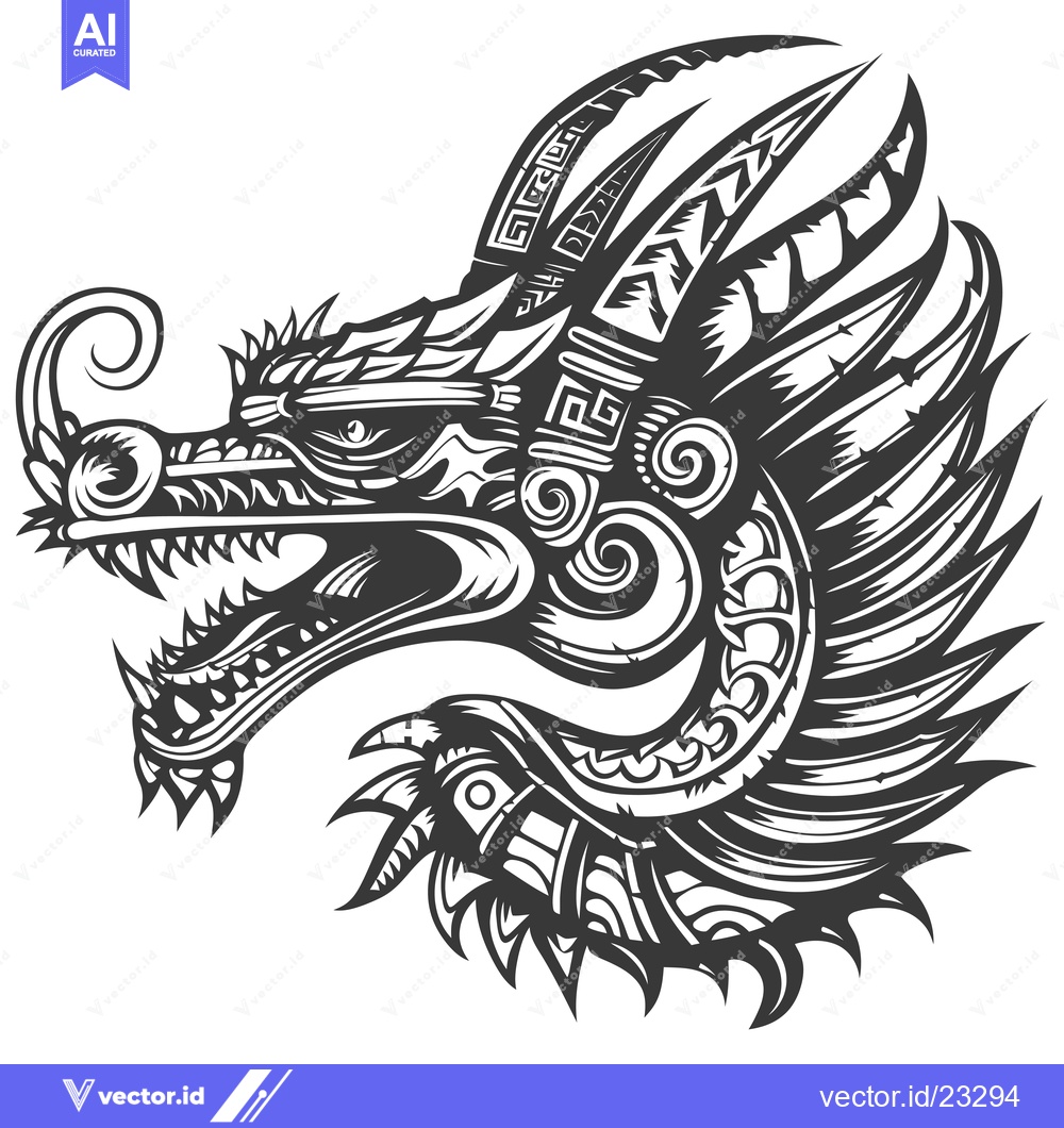 Premium Vector of Black and White Detailed Dragon Head with Open Mouth