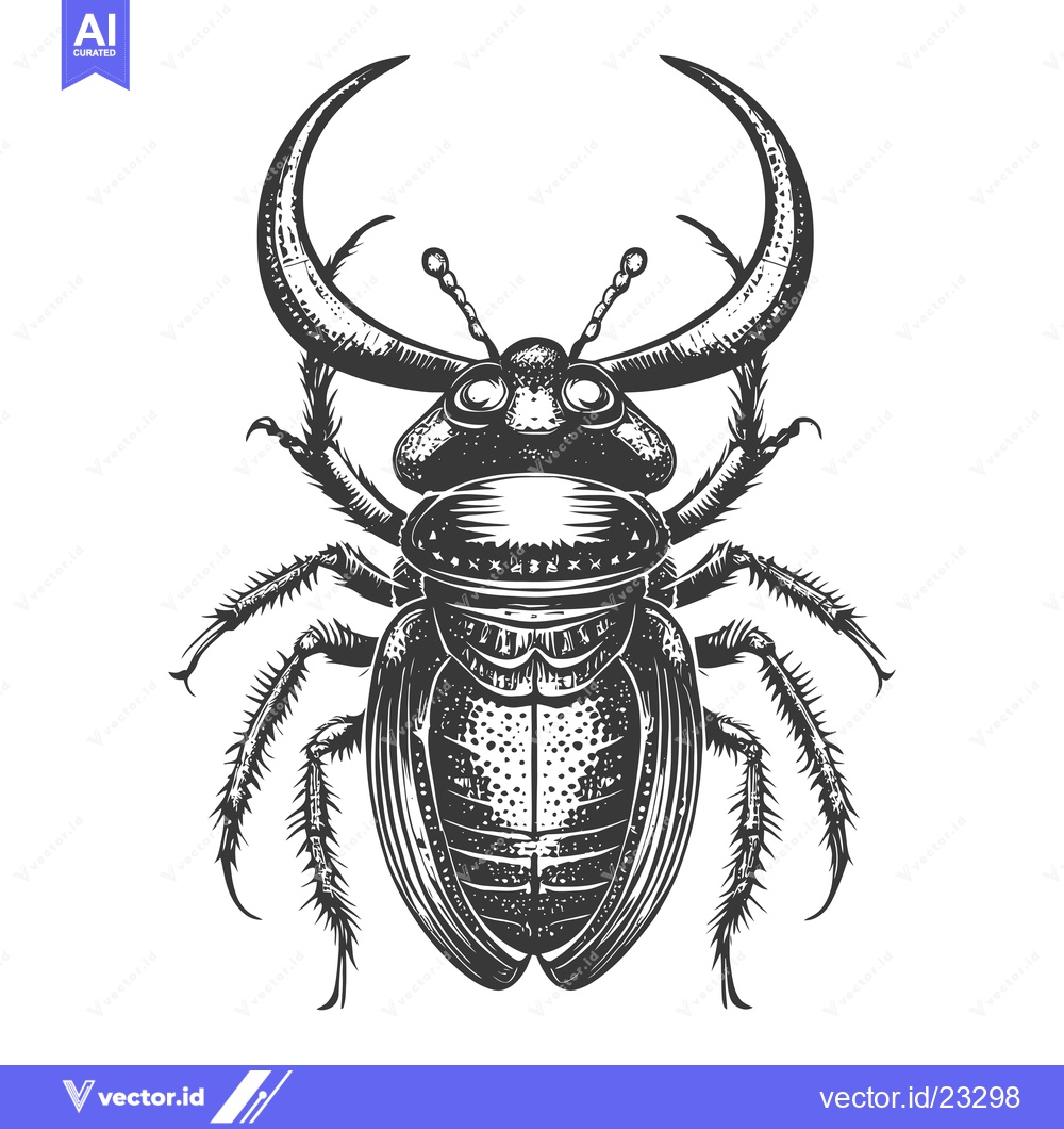 Premium Vector dari Black and White Detailed Illustration of a Beetle with Curved Horns