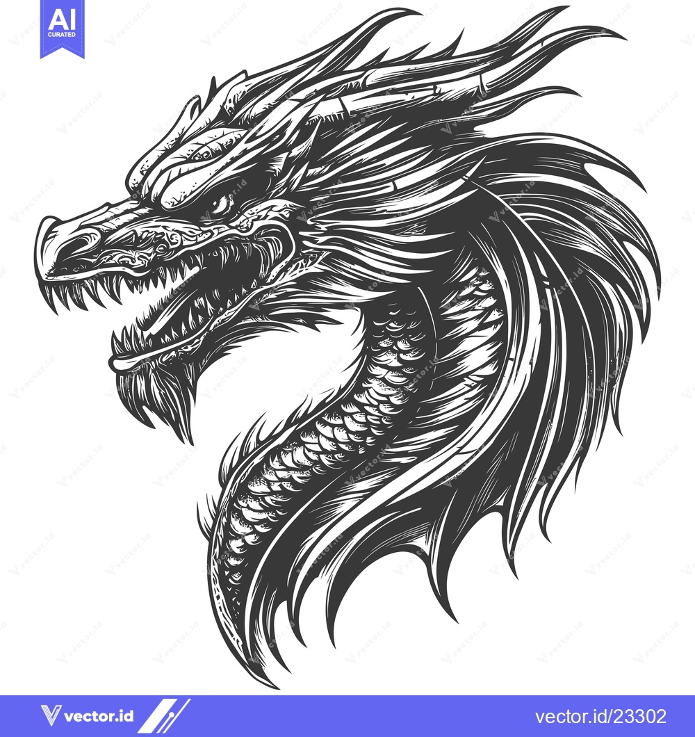 Premium Vector dari Black and White Detailed Illustration of a Dragon's Head