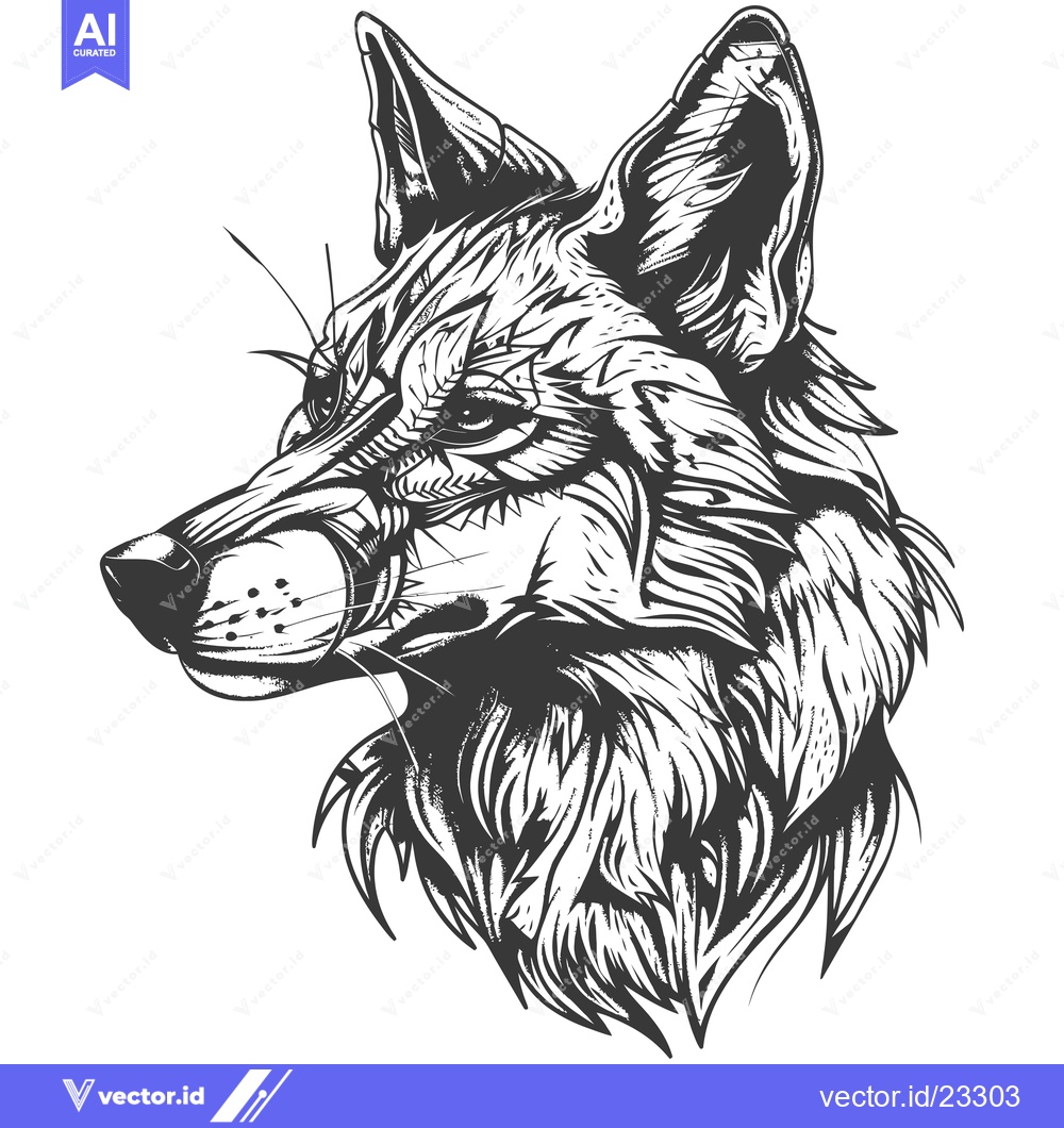 Premium Vector of Black and White Detailed Illustration of a Fox's Head