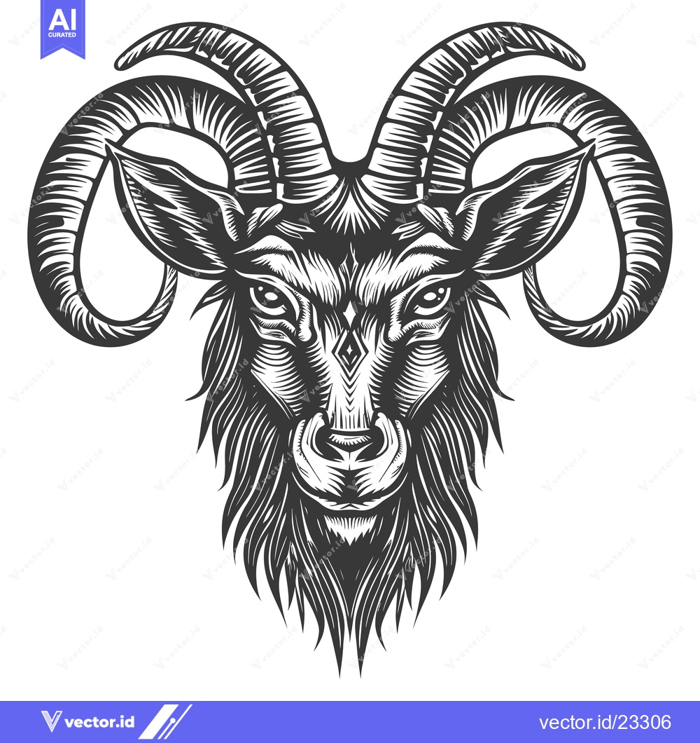 Premium Vector of Black and White Detailed Illustration of a Goat Head with Large Horns