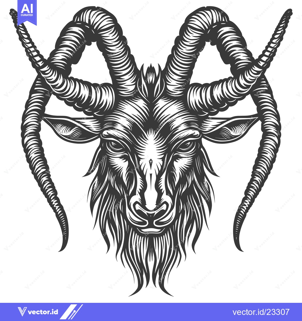 Premium Vector of Black and White Detailed Illustration of a Goat's Head with Curved Hor