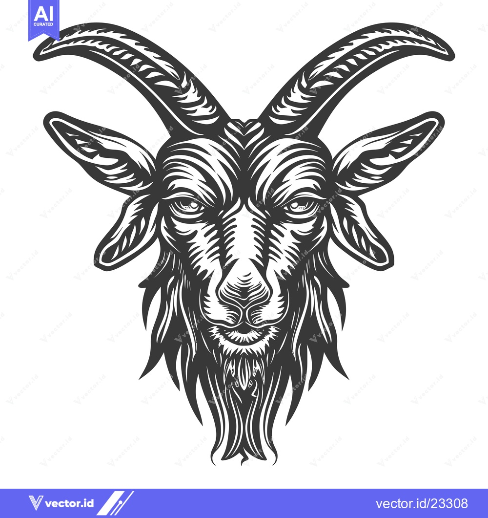 Premium Vector dari Black and White Detailed Illustration of a Goat's Head with Horns