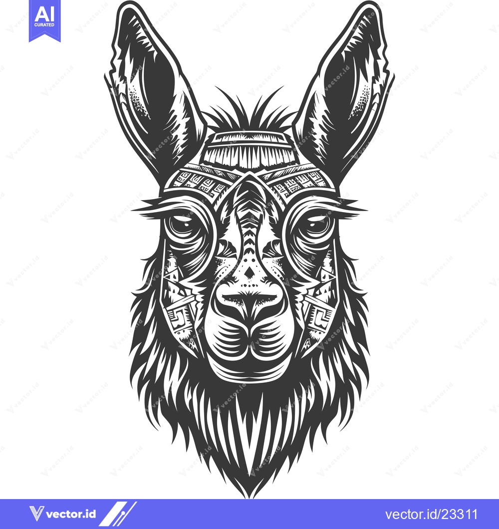 Premium Vector of Black and White Detailed Illustration of a Llama Head