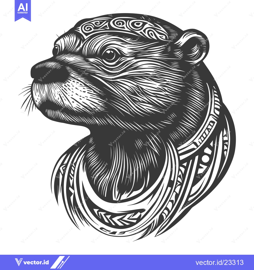 Premium Vector of Black and White Detailed Illustration of an Otter Head with Tribal Des