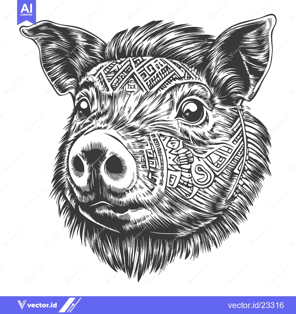 Premium Vector dari Black and White Detailed Illustration of a Pig's Head with Geometric P