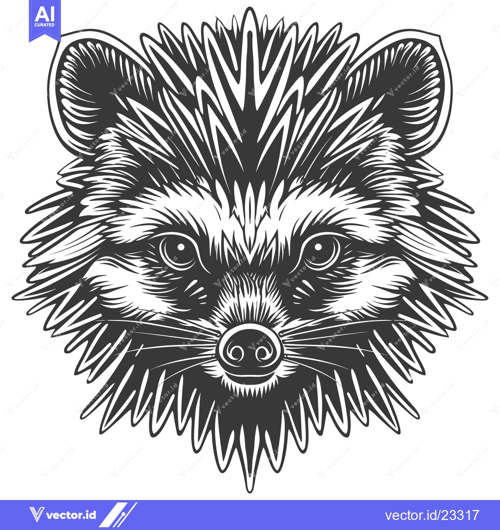 Premium Vector dari Black and White Detailed Illustration of a Raccoon Face