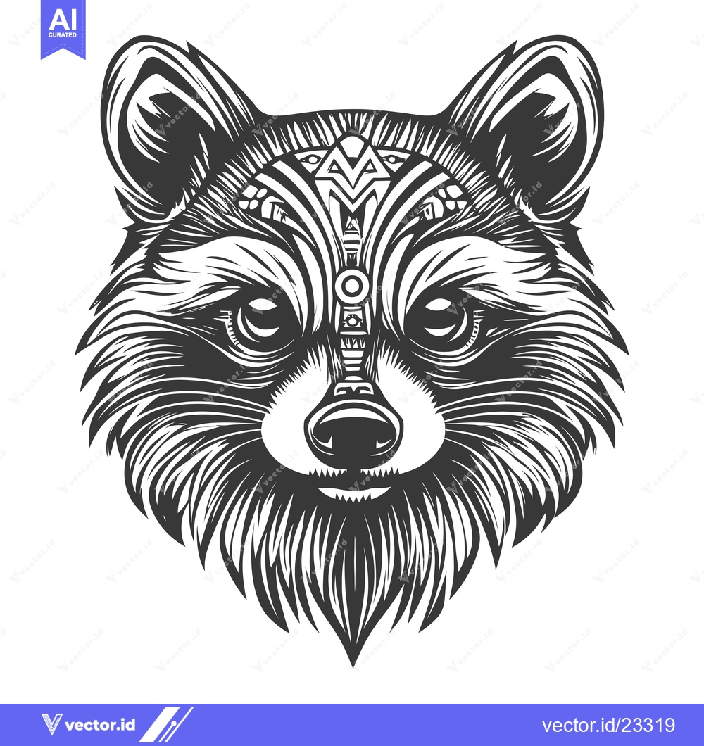 Premium Vector dari Black and White Detailed Illustration of a Raccoon's Face with Geometr