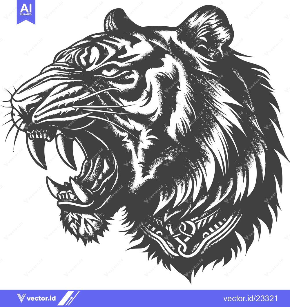 Premium Vector dari Black and White Detailed Illustration of a Roaring Tiger Head