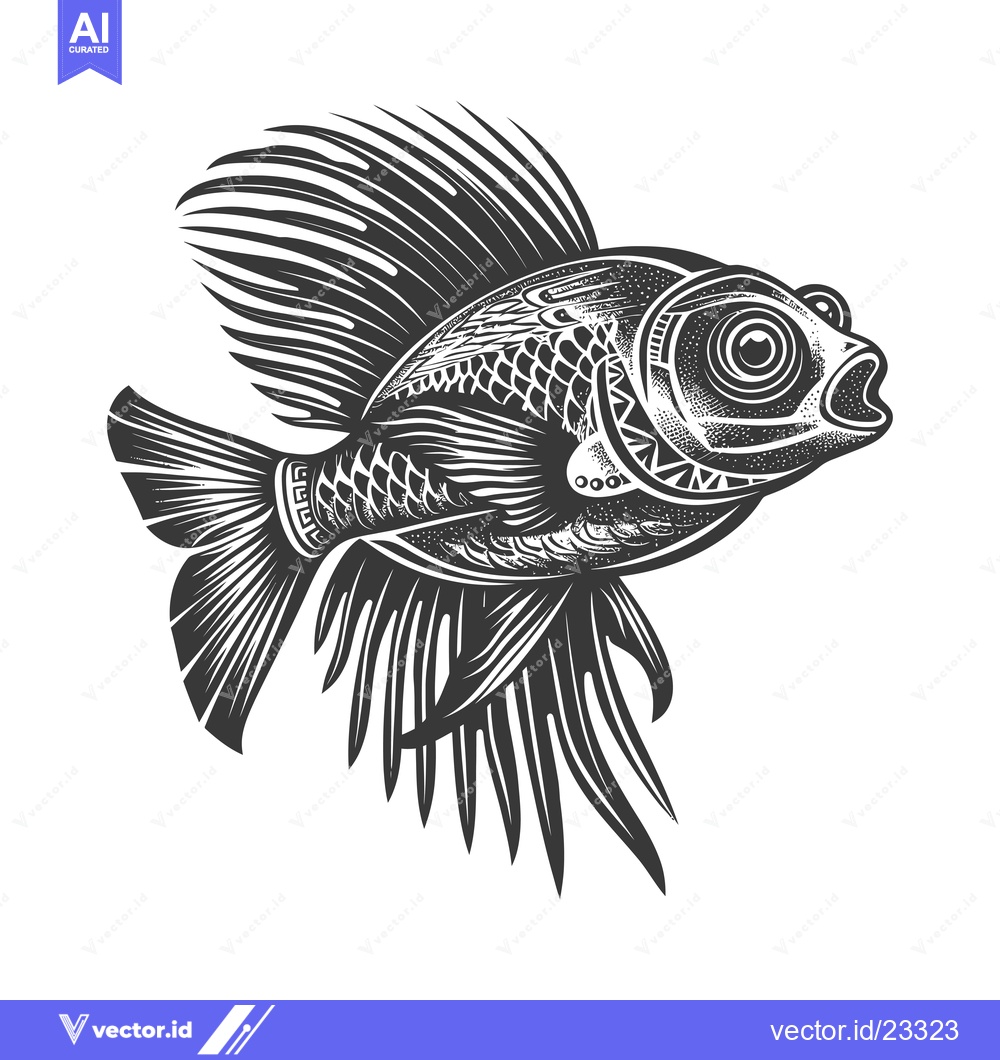 Premium Vector of Black and White Detailed Illustration of a Stylized Fish with Fin Spik