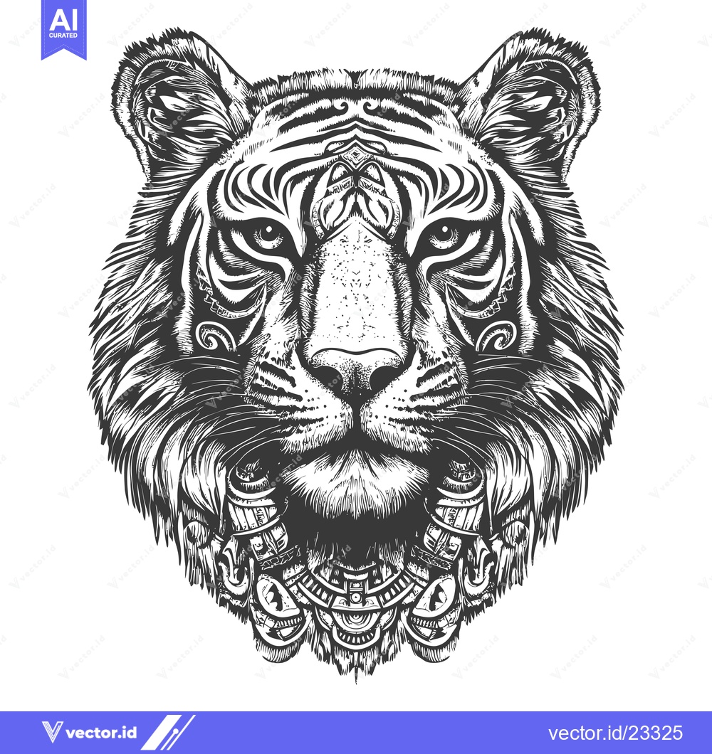 Premium Vector dari Black and White Detailed Illustration of a Tiger's Head