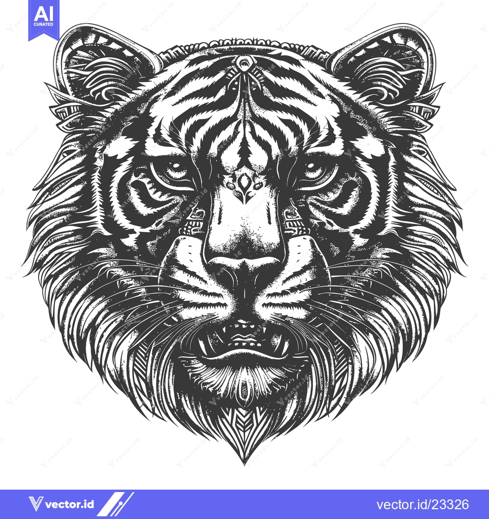 Premium Vector of Black and White Detailed Illustration of a Tiger's Head