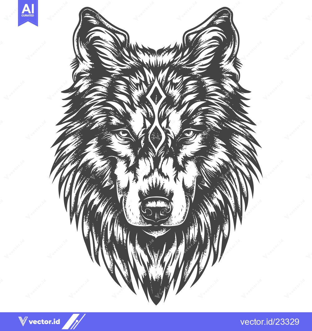 Premium Vector dari Black and White Detailed Illustration of a Wolf's Head with a Geometri