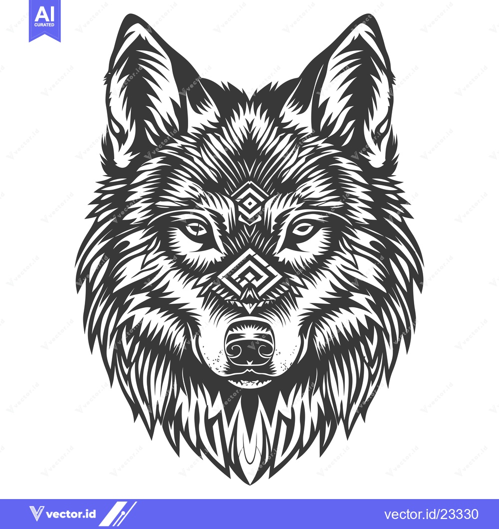 Premium Vector dari Black and White Detailed Illustration of a Wolf's Head with Geometric