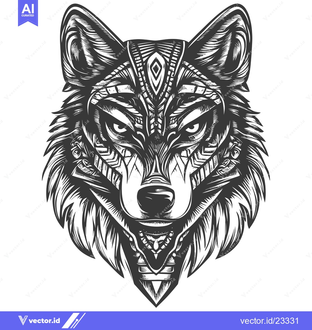 Premium Vector of Black and White Detailed Illustration of a Wolf's Head with Geometric