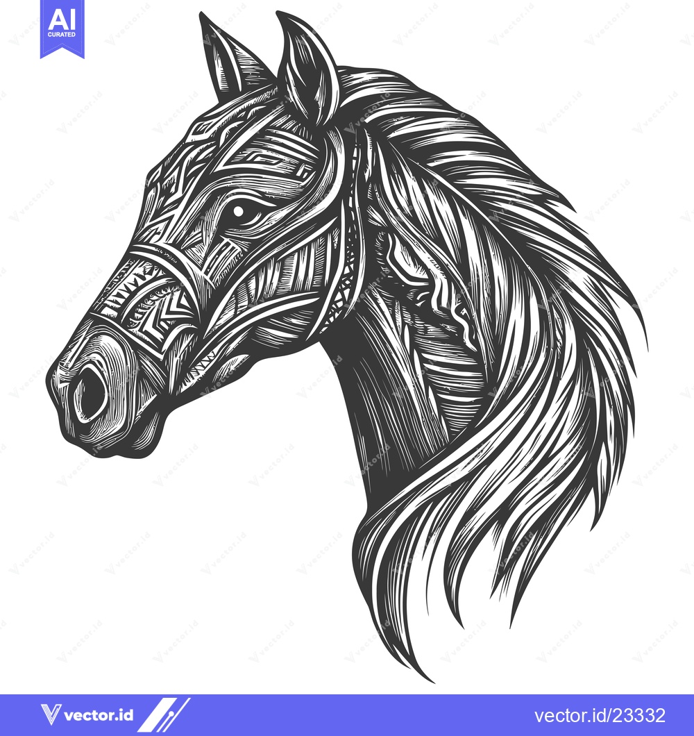 Premium Vector dari Black and White Detailed Line Art Drawing of a Horse's Head