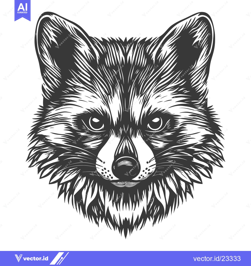 Premium Vector of Black and White Detailed Line Art Raccoon Head