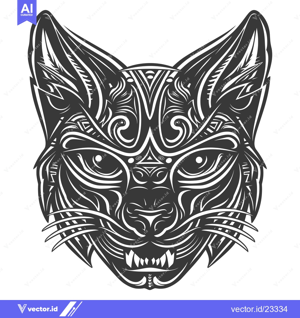 Premium Vector dari Black and White Detailed Stylized Feline Head