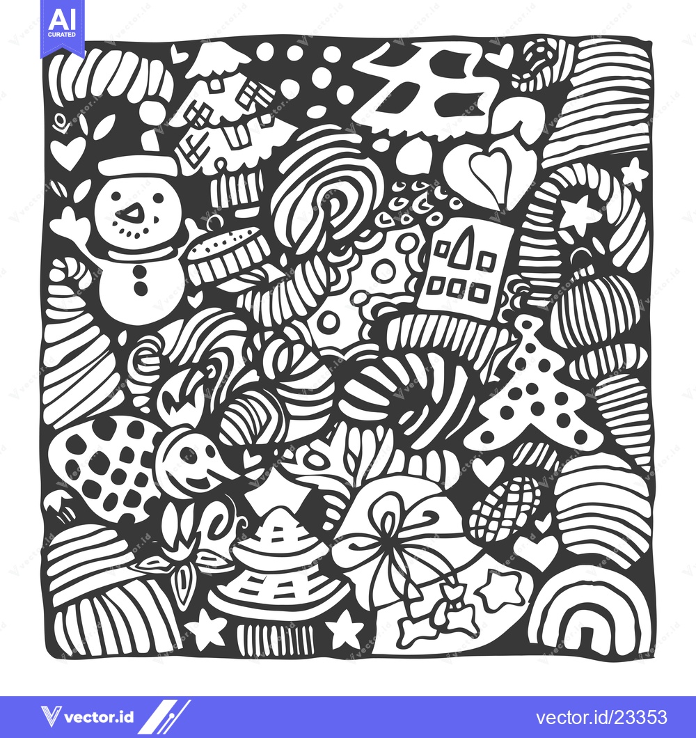 Premium Vector dari Black and White Doodle Christmas Illustration with Snowman, Trees, and