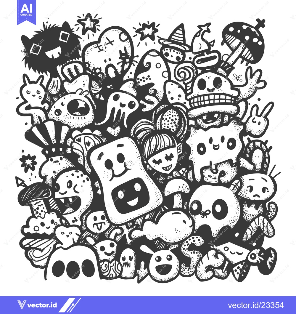 Premium Vector of Black and white doodle illustration featuring a variety of whimsical c