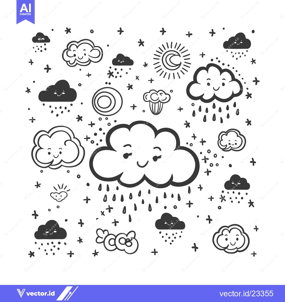 Premium Vector dari Black and White Doodle Illustration of Cute Clouds with Rain and Snow