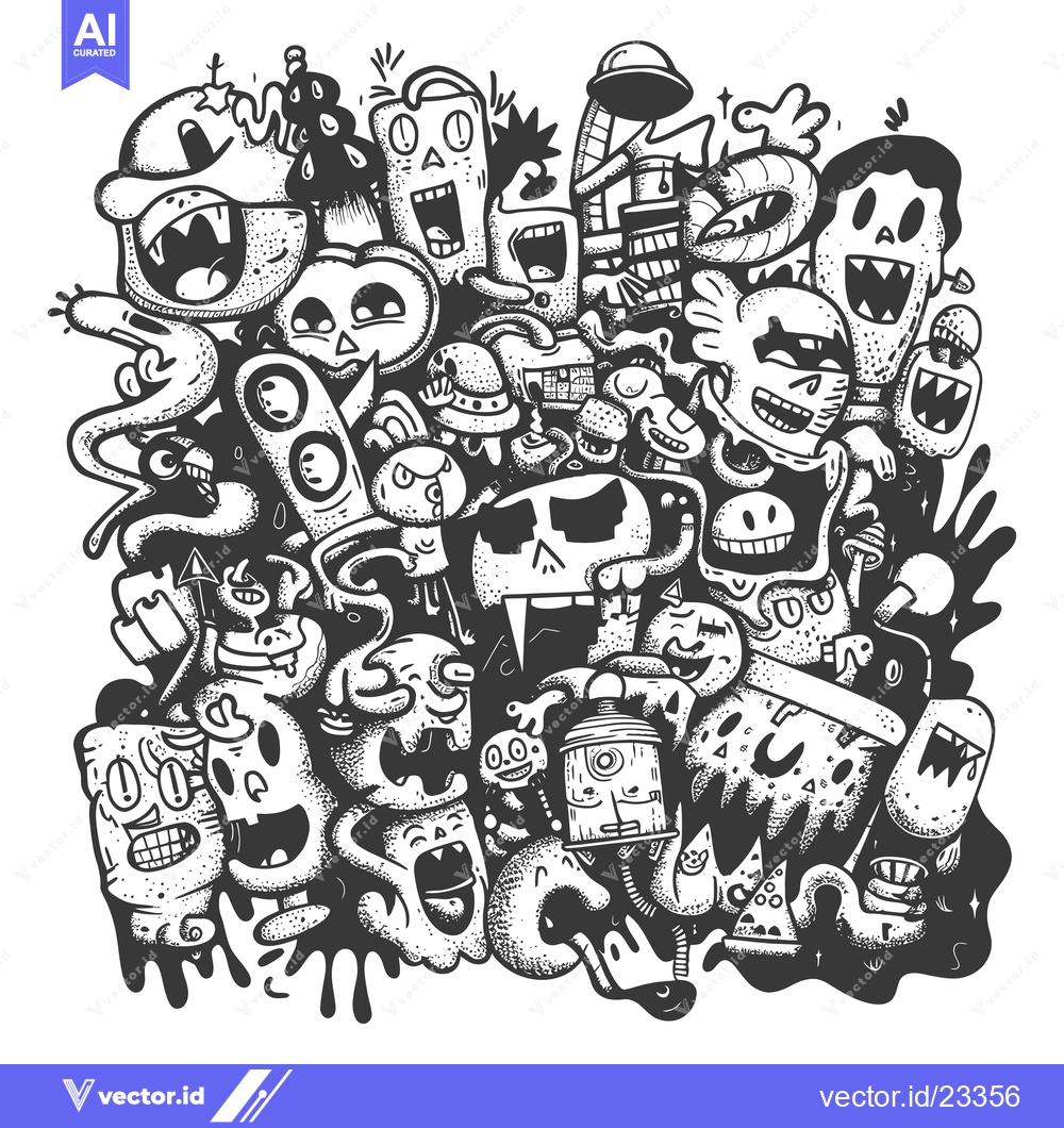 Premium Vector dari Black and White Doodle Illustration of Various Cartoon Monsters