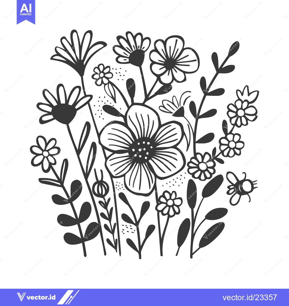 Premium Vector of Black and White Doodle of a Field of Flowers