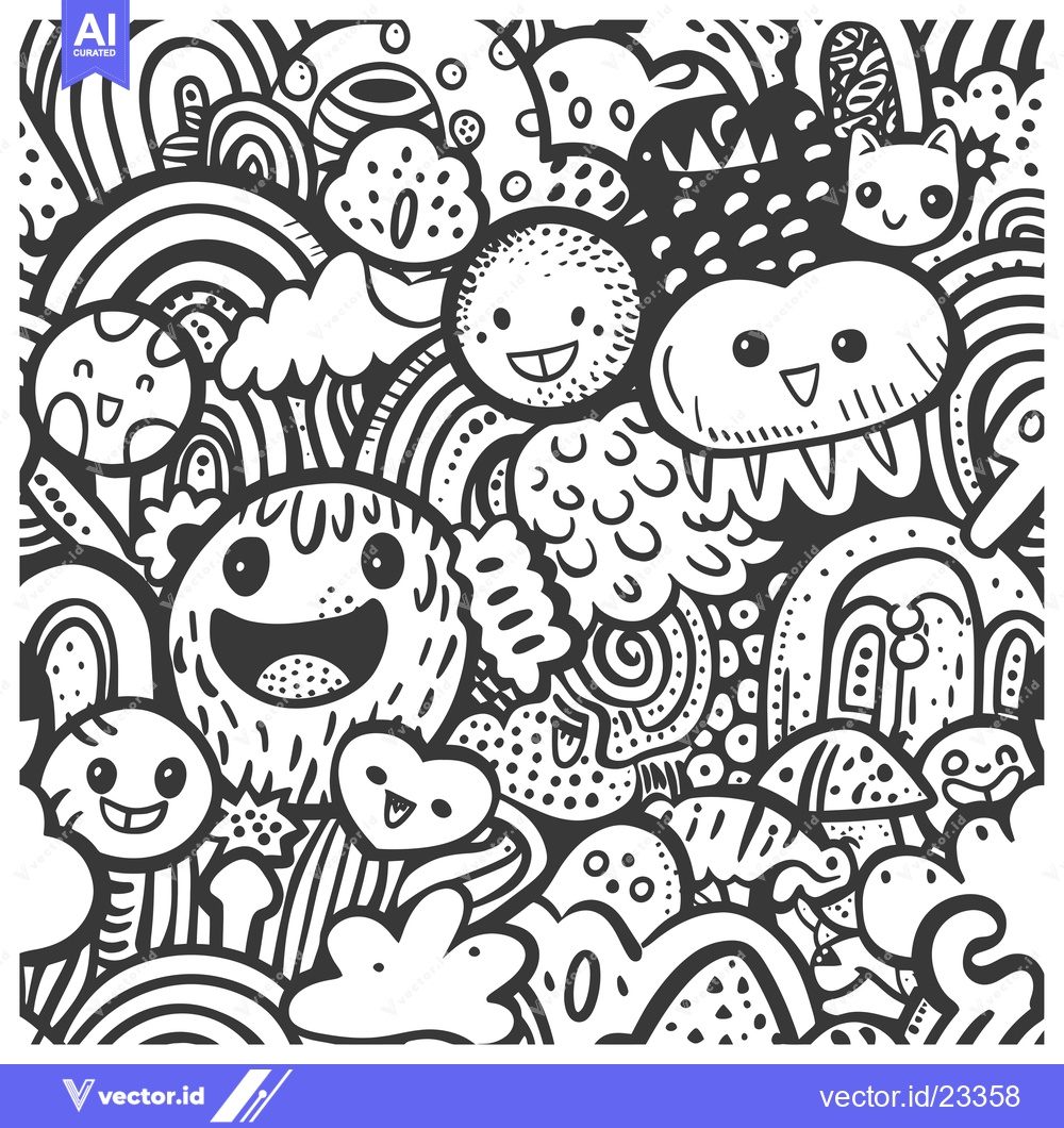 Premium Vector of Black and White Doodle Pattern with Cartoon Faces