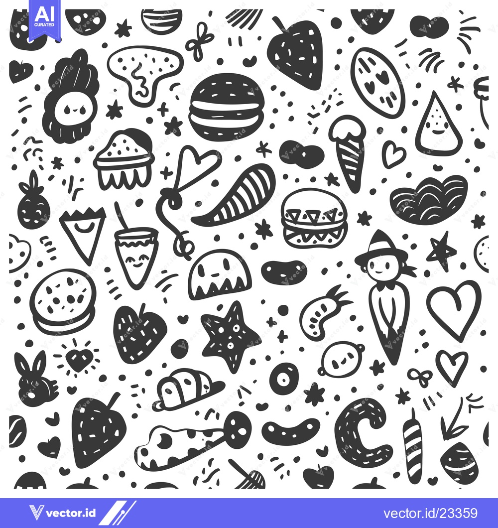 Premium Vector dari Black and White Doodle Pattern with Various Shapes and Objects