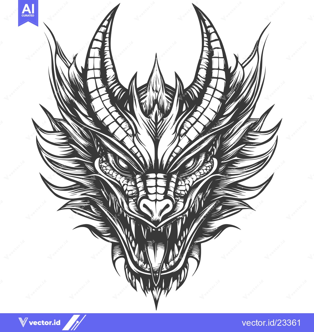 Premium Vector dari Black and White Dragon Head with Open Mouth and Sharp Teeth