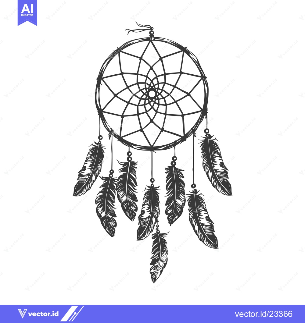 Premium Vector of Black and White Dreamcatcher with Feathers