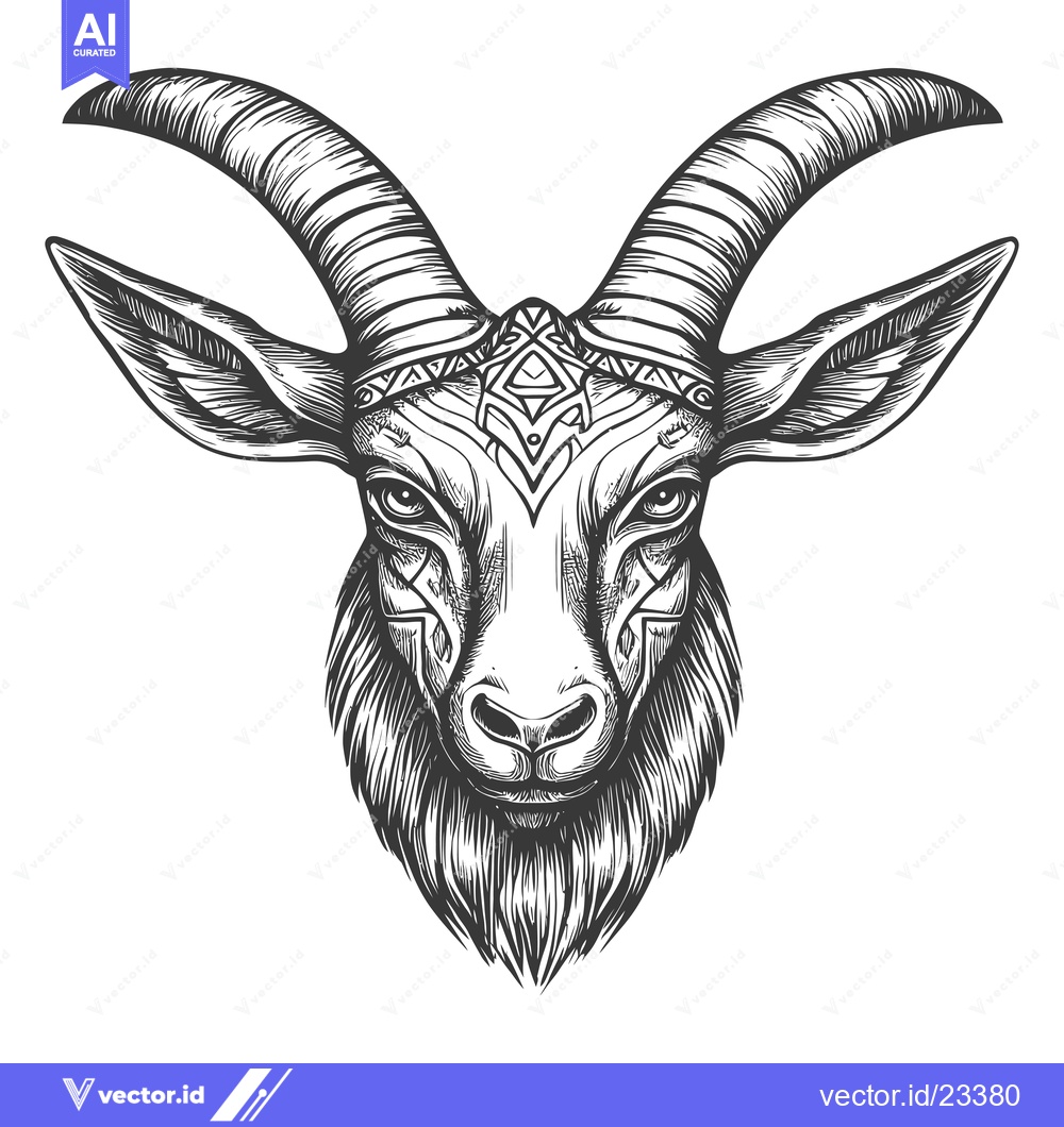 Premium Vector dari Black and White Engraved Illustration of a Goat Head with Ornamental D