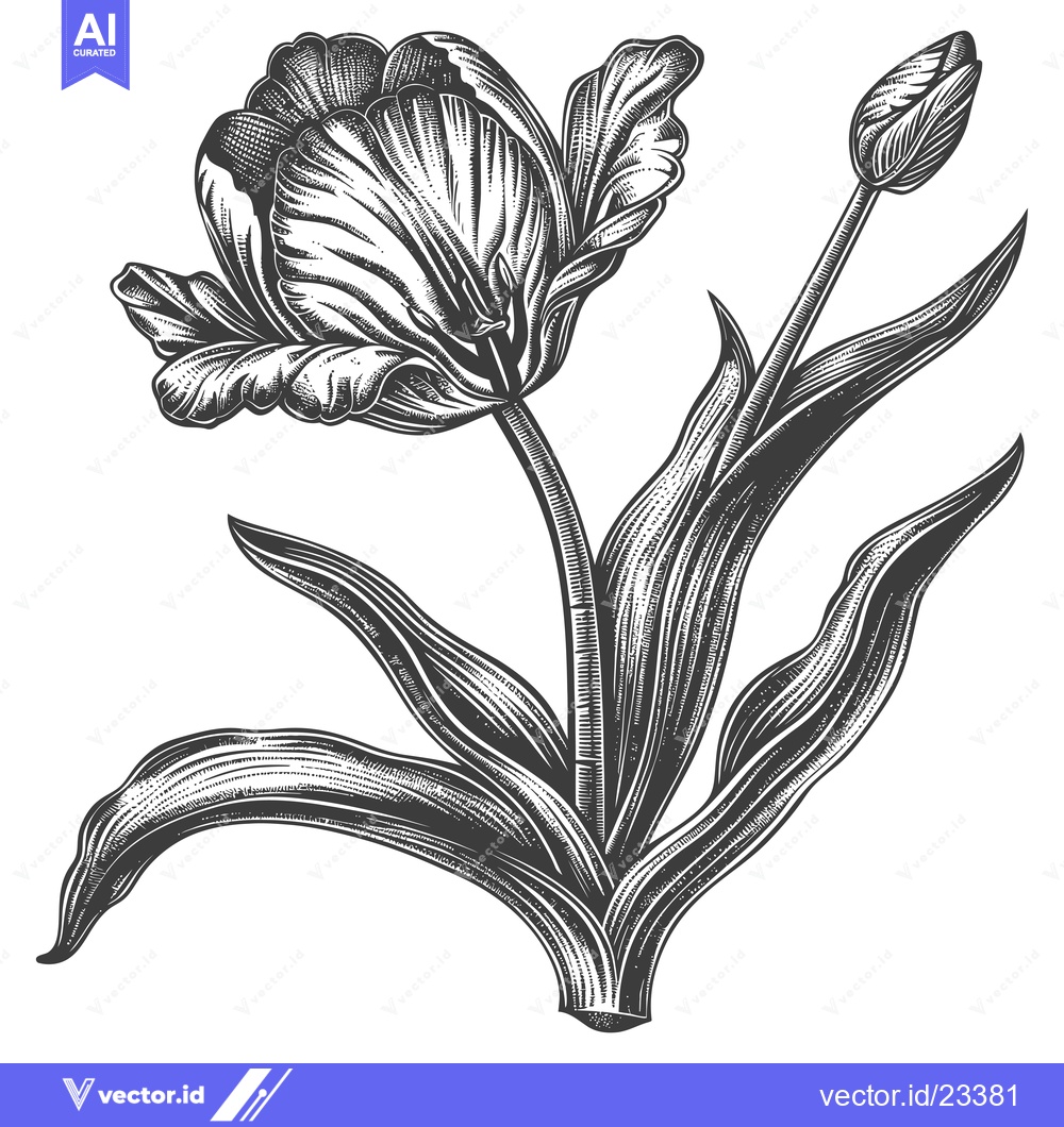 Premium Vector of Black and White Engraved Illustration of a Tulip
