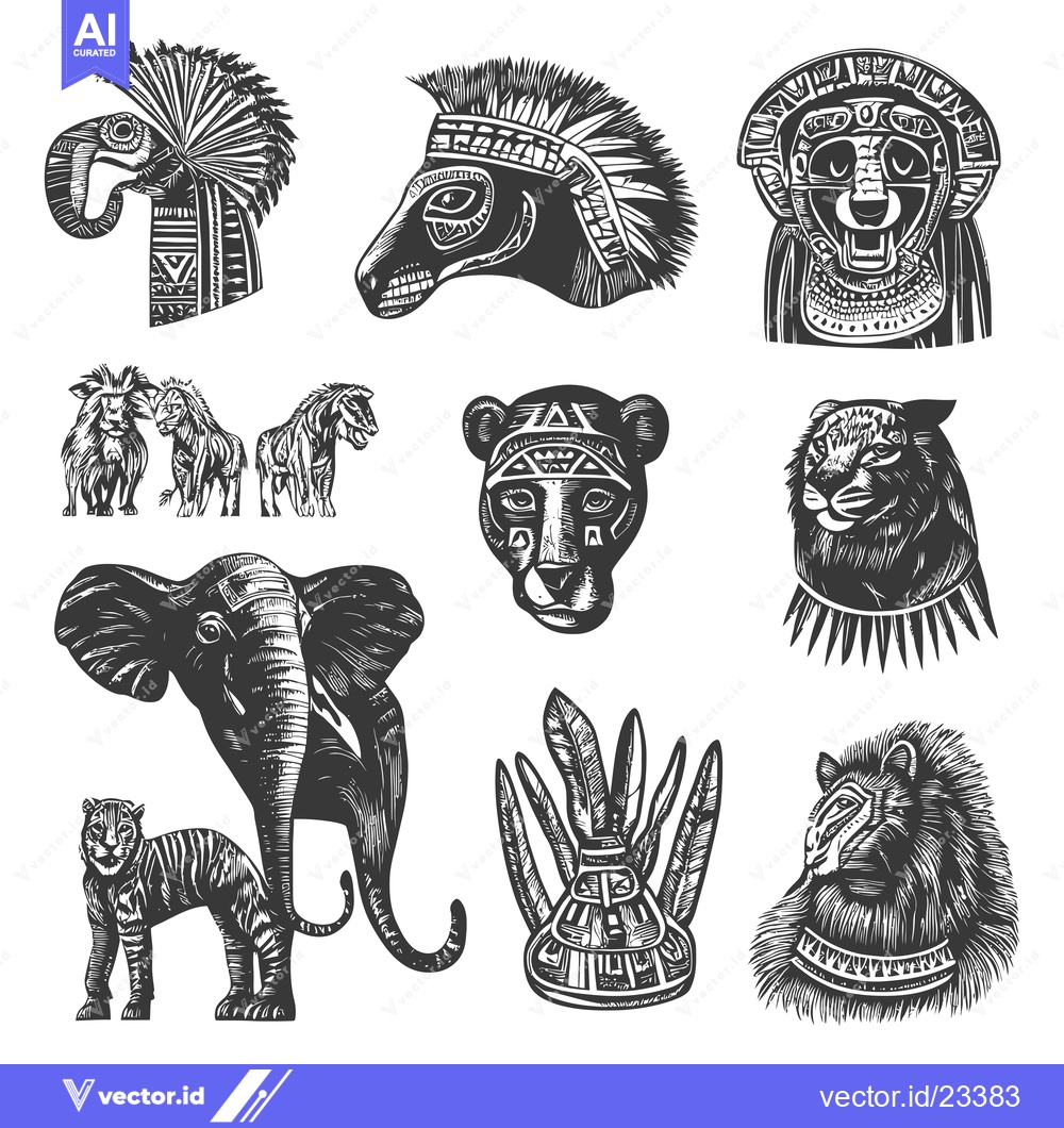 Premium Vector dari Black and White Engraved Illustrations of Animals Wearing Native Ameri